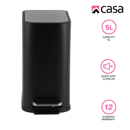 Trento 5L Slimline Rectangle Steel Pedal Bin - Matte Black